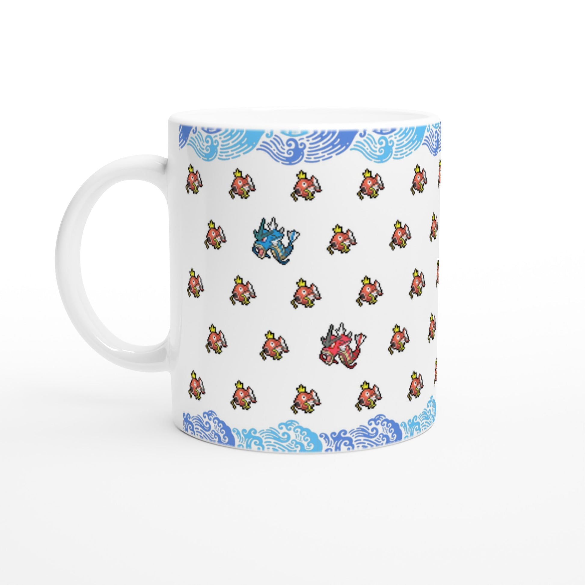White Pokémon mug featuring pixel art of Magikarp and Gyarados, also a shiny Gyarados in vibrant colors with a blue wave border, perfect for Pokémon fans.