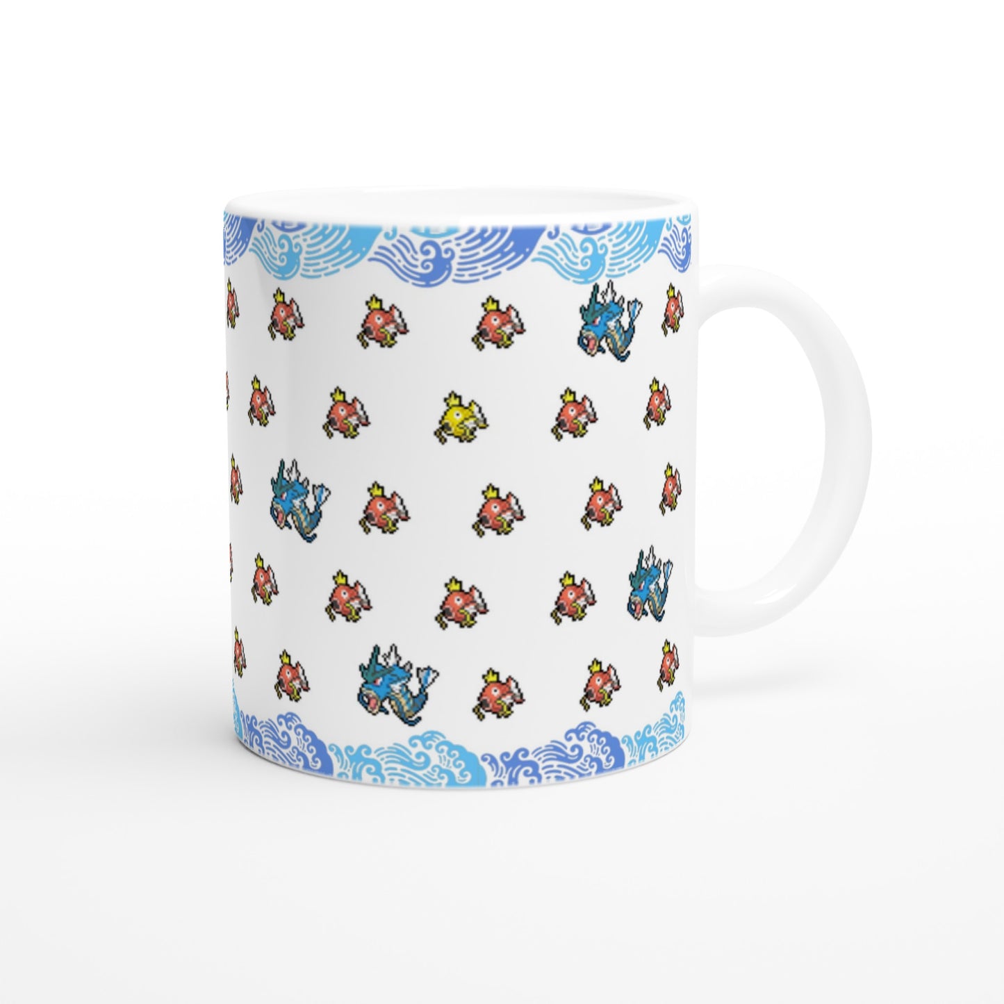 White mug featuring Magikarp, shiny Magikarp and Gyarados pixel art with a blue wave border, a stylish drinkware choice for Pokémon enthusiasts.