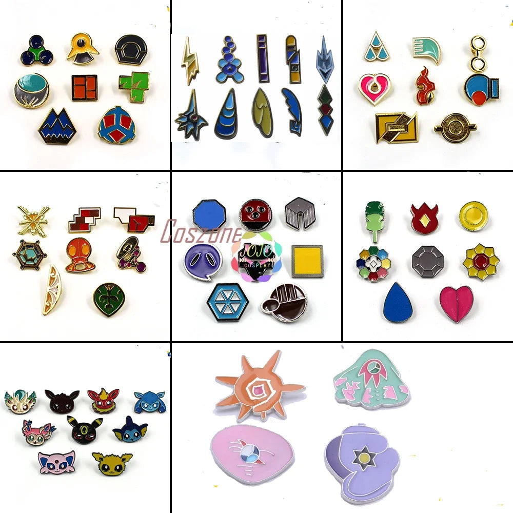 Gym Badges Kanto Johto Hoenn Sinnoh Unova Kalos League Region Pins Brooches Orange Islands Box Collection Pocket Monster