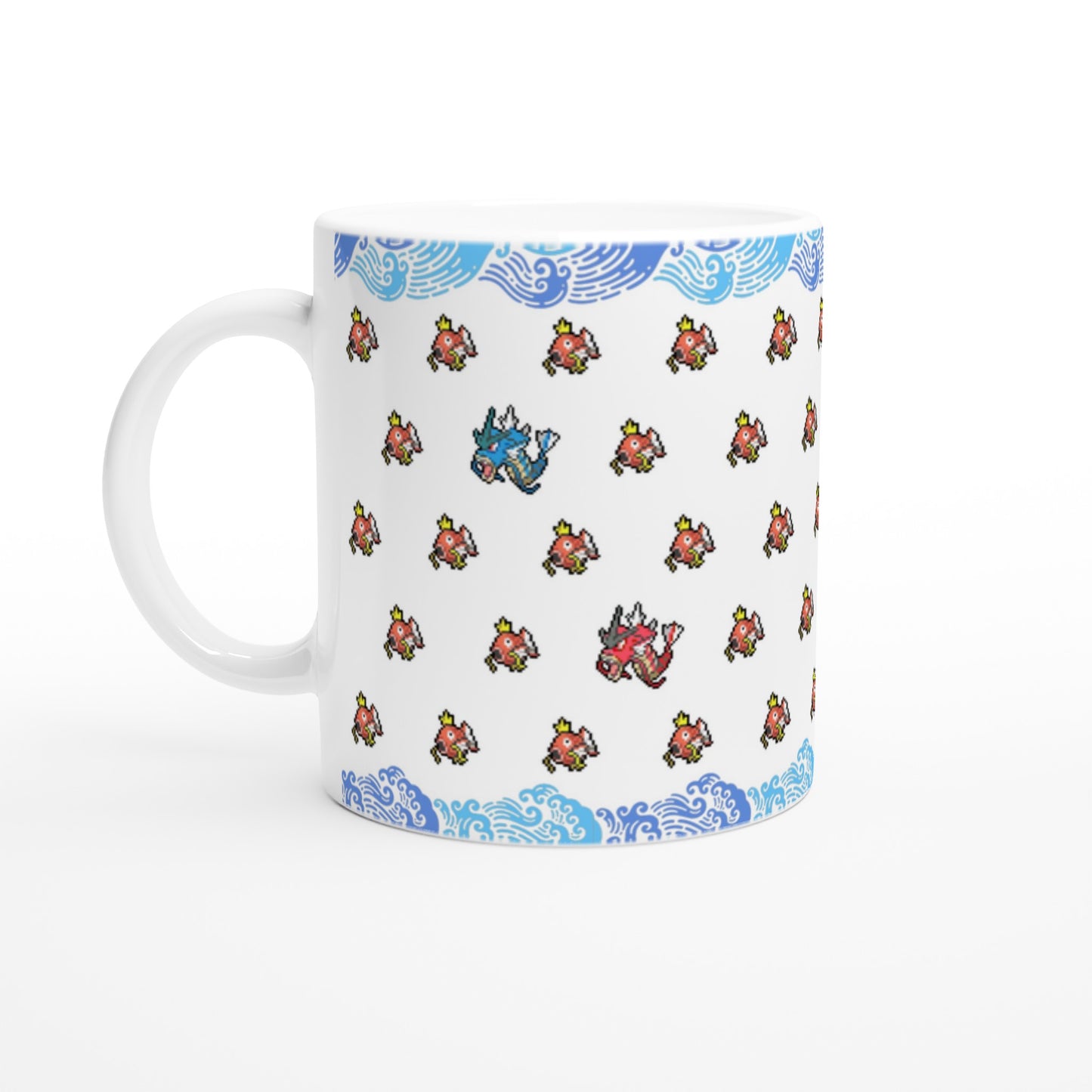 White Pokémon mug featuring pixel art of Magikarp and Gyarados, also a shiny Gyarados in vibrant colors with a blue wave border, perfect for Pokémon fans.