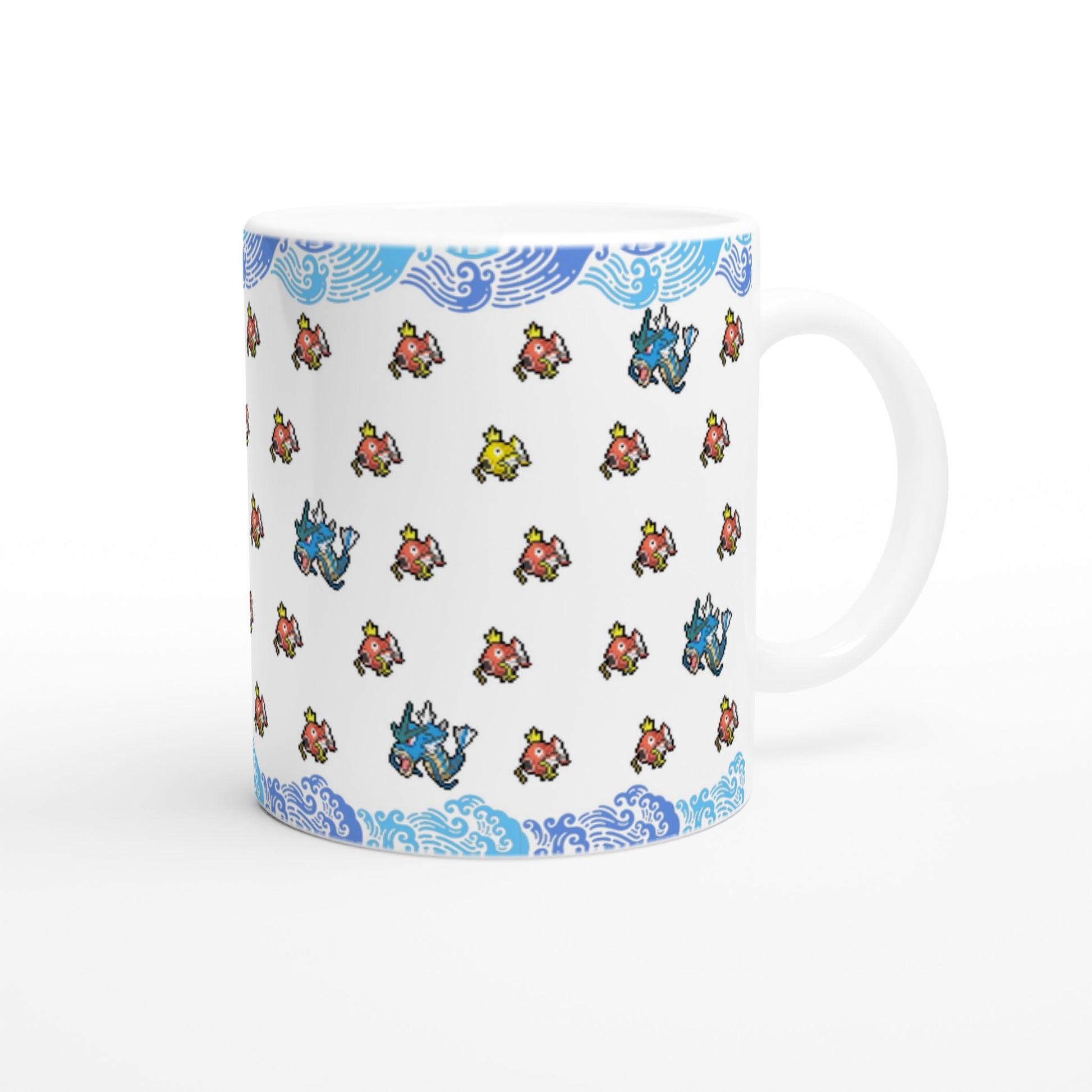 White mug featuring Magikarp, shiny Magikarp and Gyarados pixel art with a blue wave border, a stylish drinkware choice for Pokémon enthusiasts.